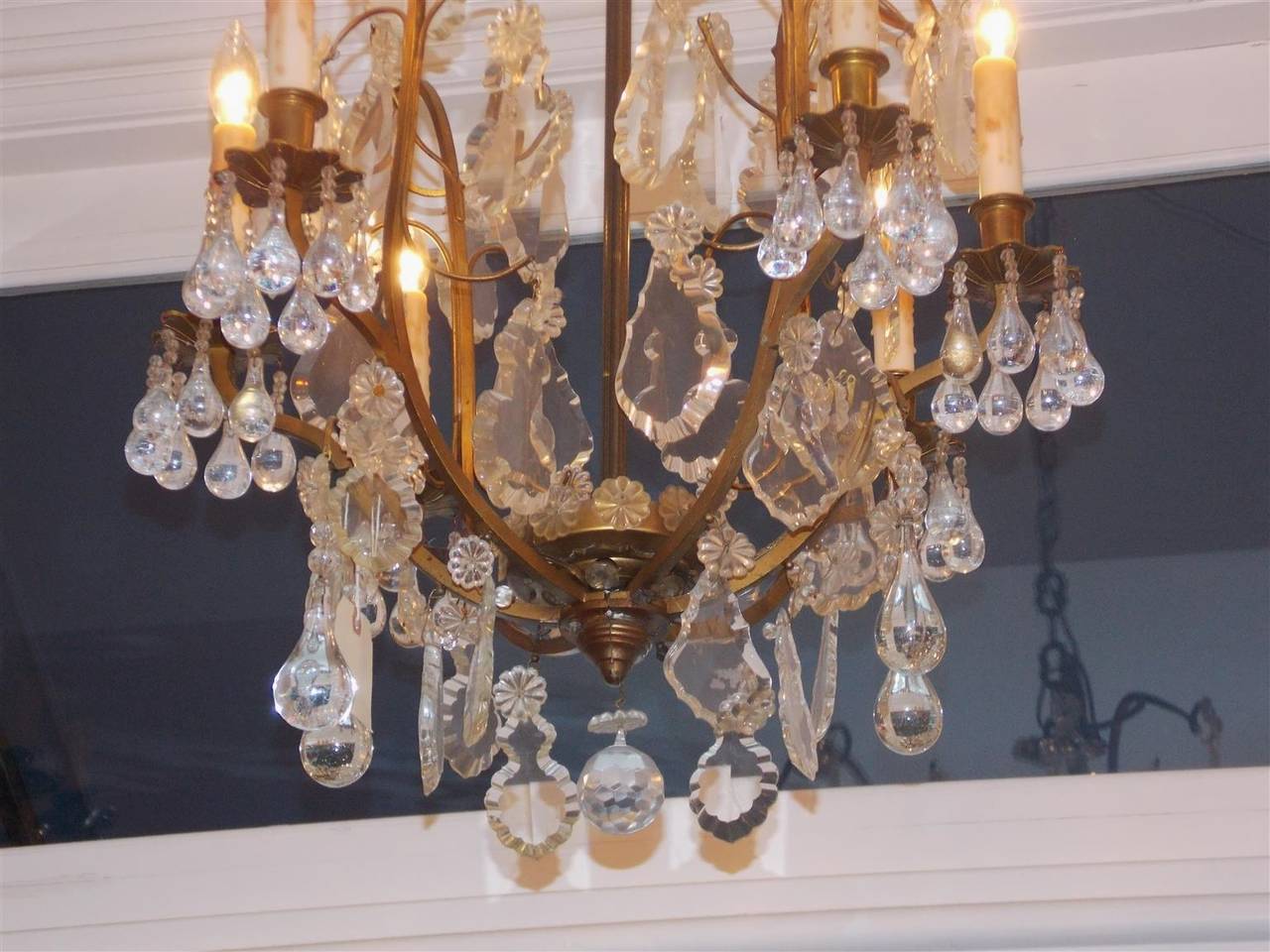 French Gilt Bronze and Tear Drop Crystal Chandelier, Circa 1830 For Sale 1
