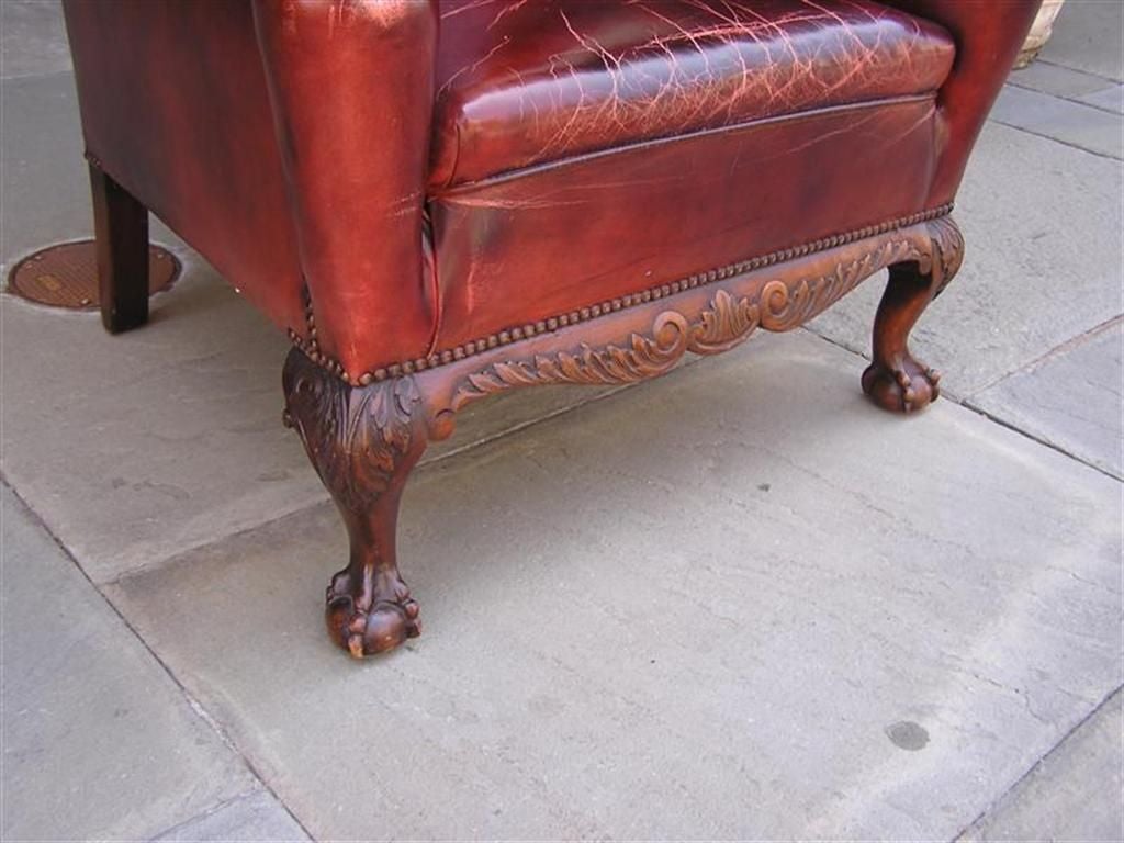William IV English Mahogany Leather Wing Back Chair With Acanthus Ball & Claw Feet. C .1840 For Sale