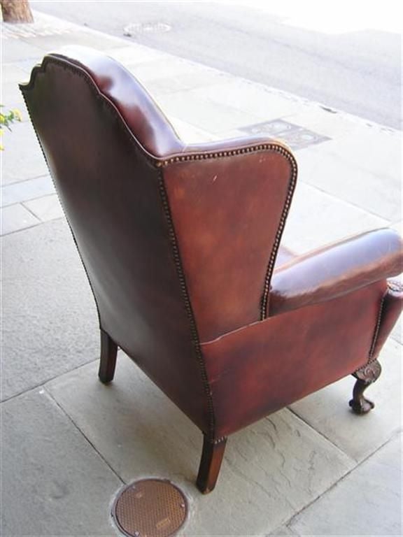 Hand-Carved English Mahogany Leather Wing Back Chair With Acanthus Ball & Claw Feet. C .1840 For Sale