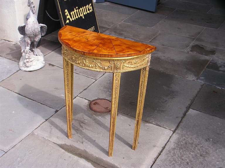 Gesso English Satinwood & Gilt Wood Foliage Medallion Demi-lune Console, Circa 1780 For Sale