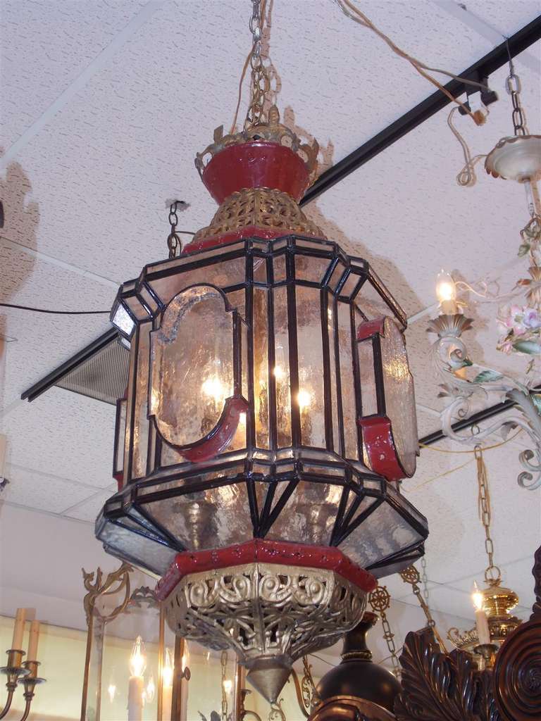 Moroccan Painted and Gilt Hanging Glass Lantern. Circa 1880 In Excellent Condition For Sale In Hollywood, SC