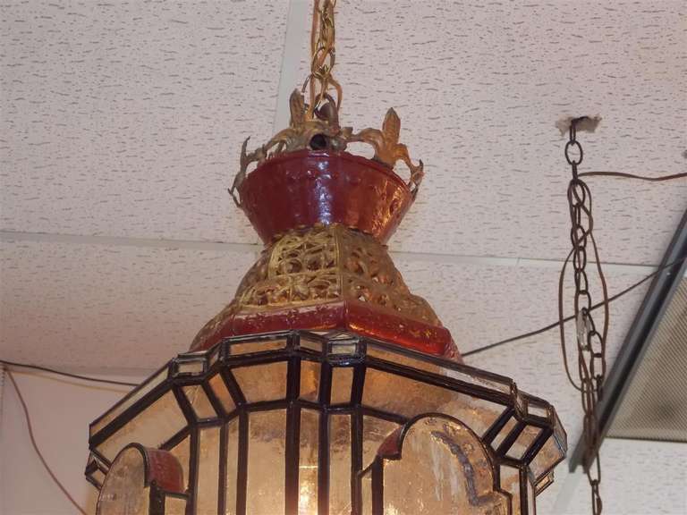 19th Century Moroccan Painted and Gilt Hanging Glass Lantern. Circa 1880 For Sale