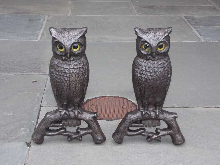 Pair of American cast iron owl andirons with original glass eyes perched on tree limb motif.  Boston,  Early 20th Century