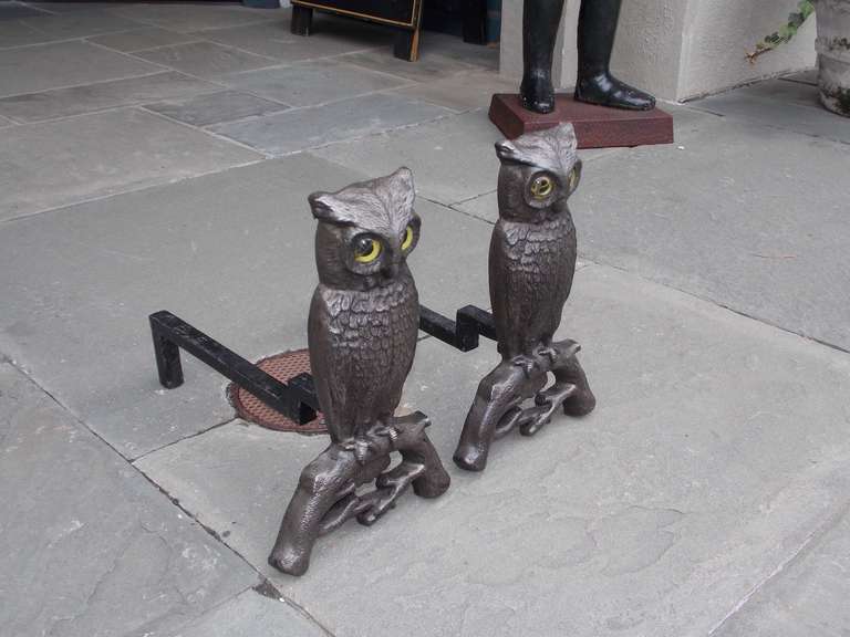 Pair of American Cast Iron Owl Andirons.  Boston, Circa 1900 In Excellent Condition In Hollywood, SC