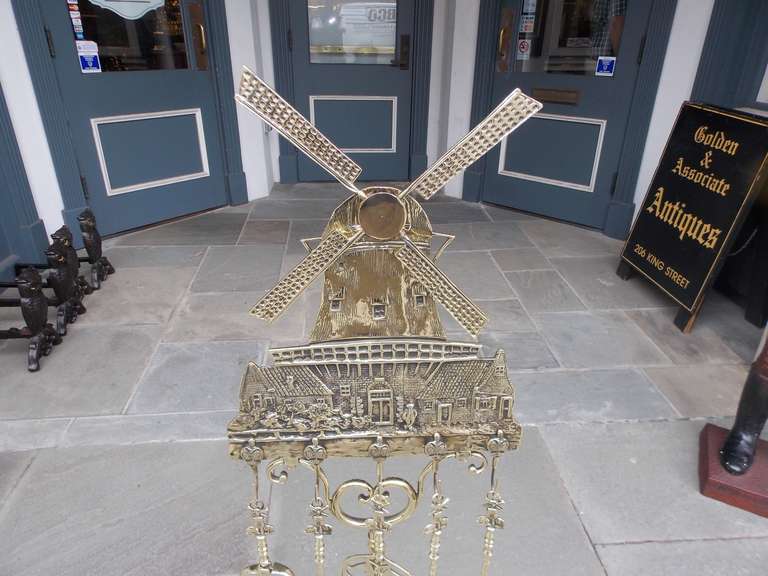 Dutch Brass Windmill Fire Tool Set on Stand. Circa 1900 In Excellent Condition In Hollywood, SC