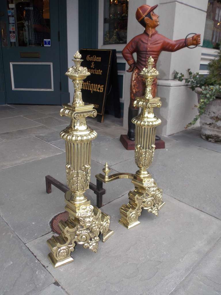 American Empire Pair of Monumental American Brass Floral Andirons, NY Circa 1906 Signed Jackson
