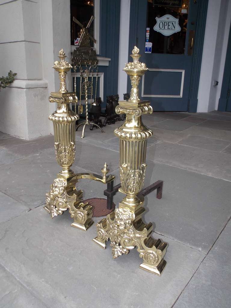 Cast Pair of Monumental American Brass Floral Andirons, NY Circa 1906 Signed Jackson
