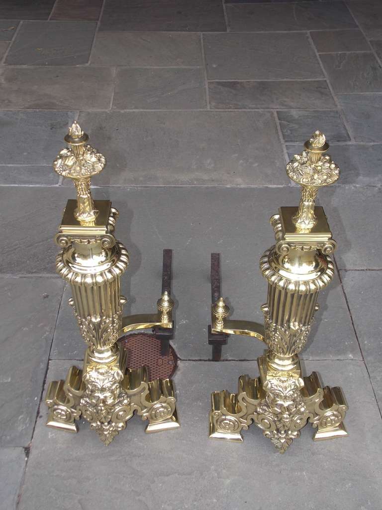 Pair of Monumental American Brass Floral Andirons, NY Circa 1906 Signed Jackson In Excellent Condition In Hollywood, SC