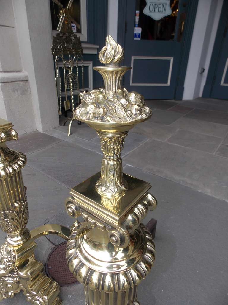 Pair of Monumental American Brass Floral Andirons, NY Circa 1906 Signed Jackson 1