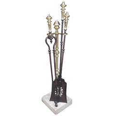Set of American Brass and Steel Fire Tools on Marble Stand, Circa 1820