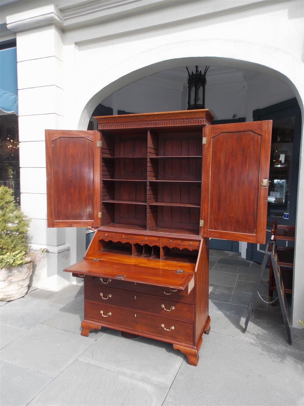 Hand-Carved English Chippendale Mahogany Blind Door Secretary With Bookcase, Circa 1775 For Sale