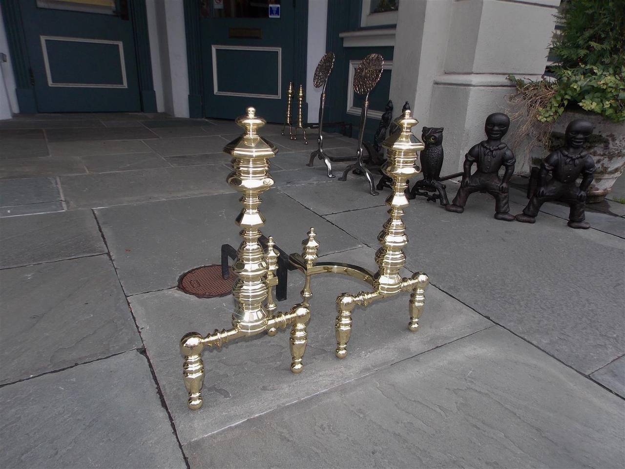 American Empire Pair of American Brass Andirons Signed E. Smylie, NY, Circa 1820