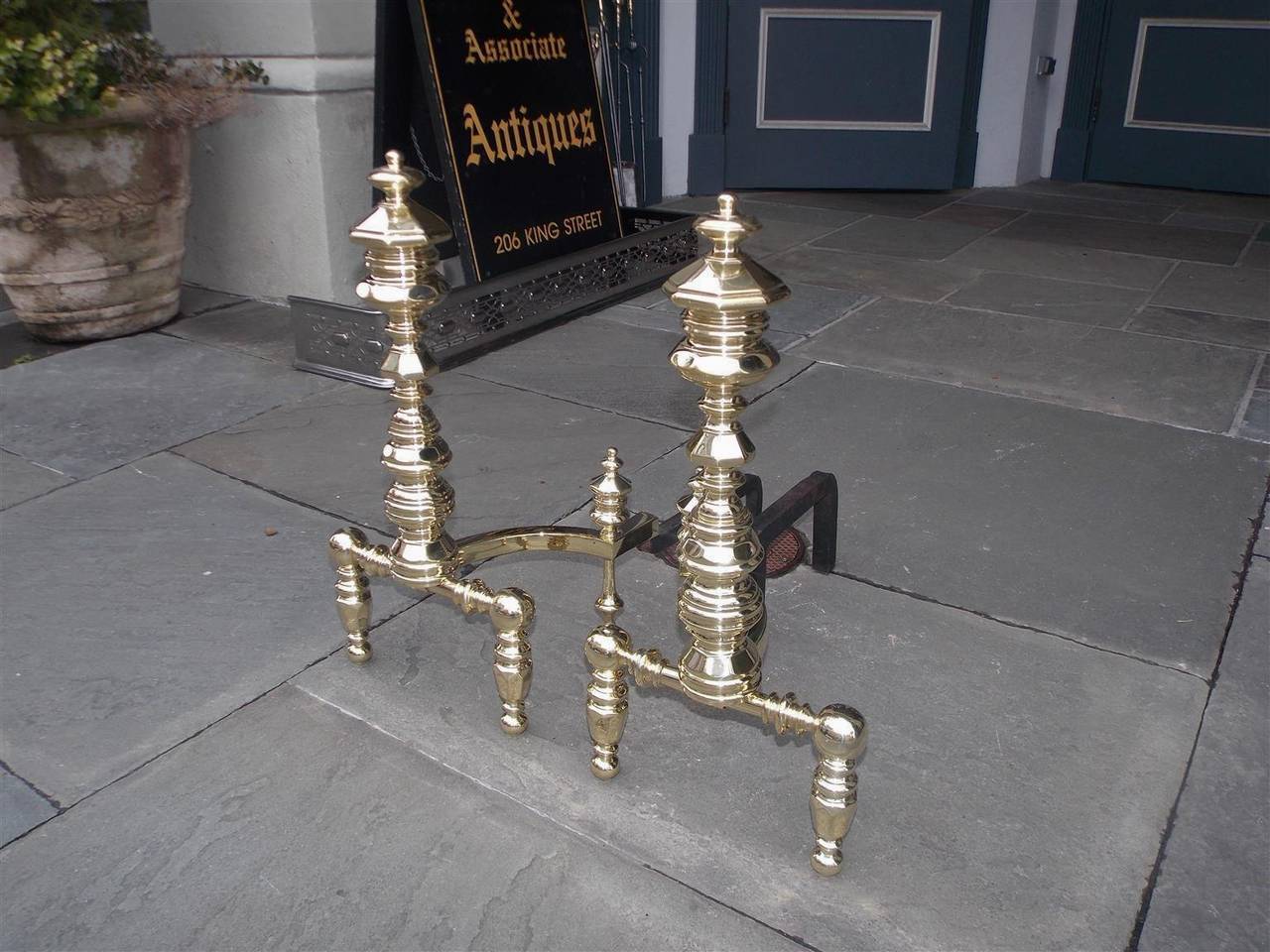 Pair of American Brass Andirons Signed E. Smylie, NY, Circa 1820 In Excellent Condition In Hollywood, SC