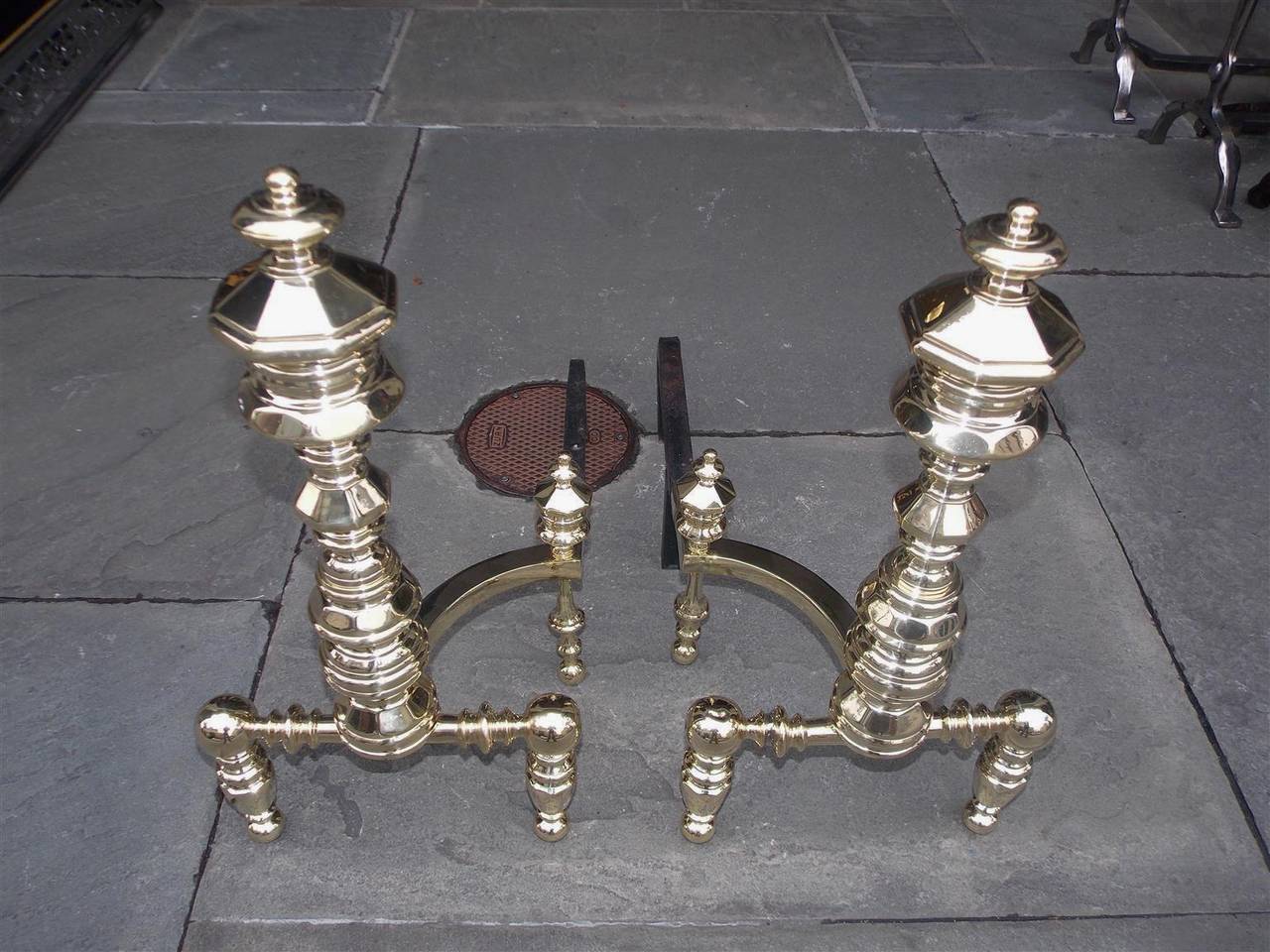 Early 19th Century Pair of American Brass Andirons Signed E. Smylie, NY, Circa 1820