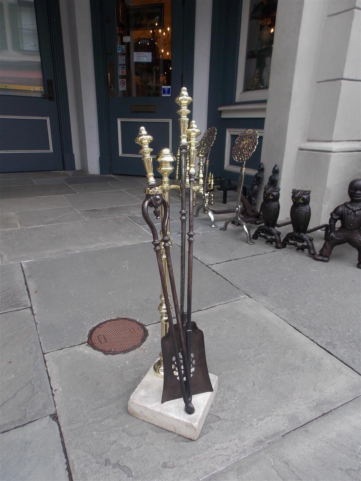 Set of American Brass and Steel Fire Tools on Marble Stand, Circa 1820