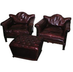 Antique Pair of English Leather Chairs with Ottoman