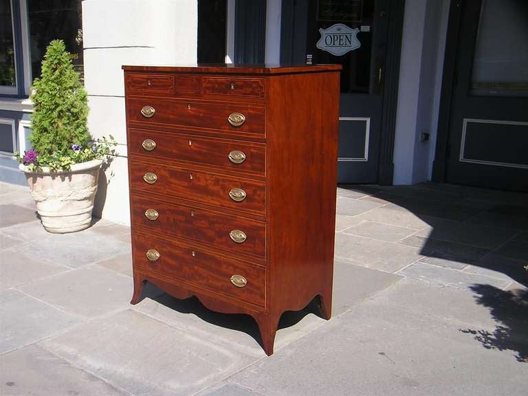 Late 18th Century American Mahogany Tall Case Satinwood Inlaid Chest . Circa 1790