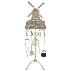 Dutch Brass Windmill Fire Tool Set on Stand. Circa 1900