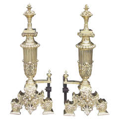 Antique Pair of Monumental American Brass Floral Andirons, NY Circa 1906 Signed Jackson