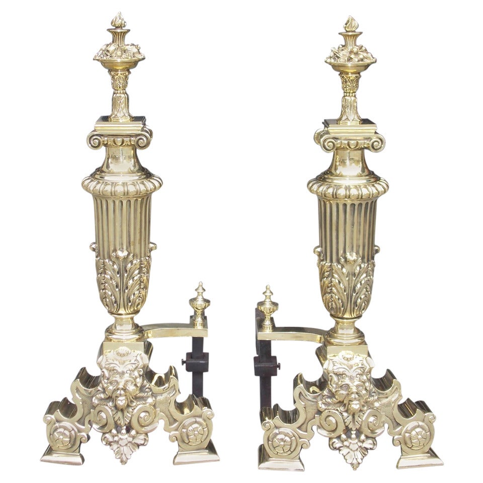 Pair of Monumental American Brass Floral Andirons, NY Circa 1906 Signed Jackson