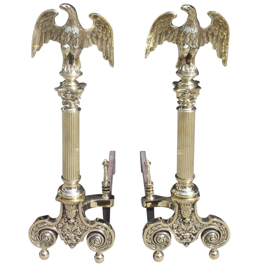 Pair of American Brass Eagle Andirons, Signed NY, Circa 1880
