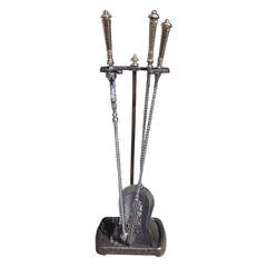 Set of Irish Polished Steel and Brass Fire Tools on Stand, Circa 1850