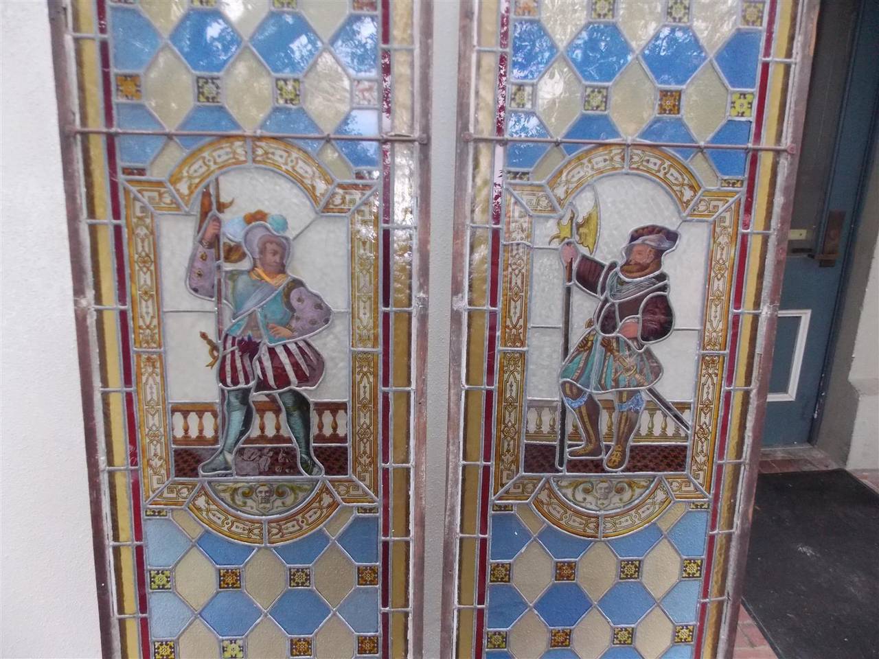 William IV Pair of English Stained Glass Royalty Guard Panels, Circa 1840