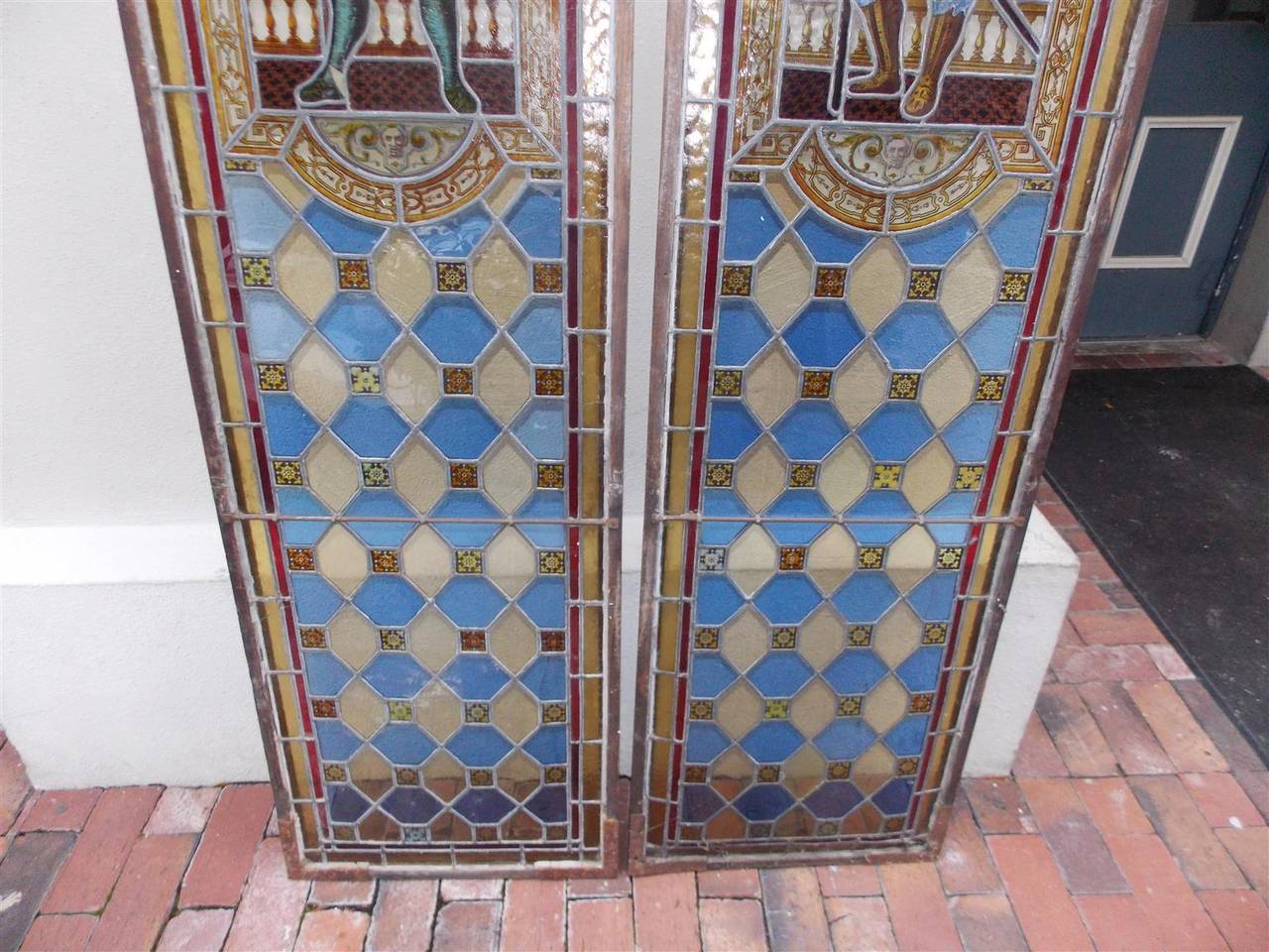 Glazed Pair of English Stained Glass Royalty Guard Panels, Circa 1840