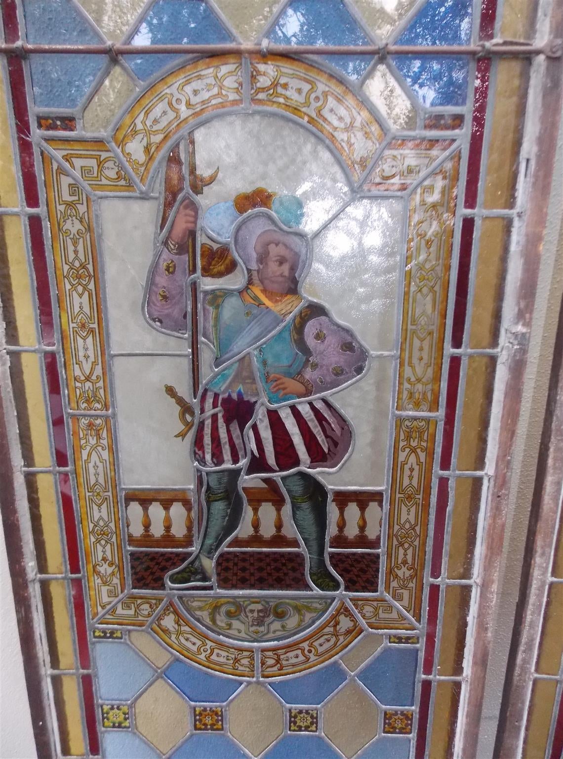 Pair of English Stained Glass Royalty Guard Panels, Circa 1840 In Fair Condition In Hollywood, SC