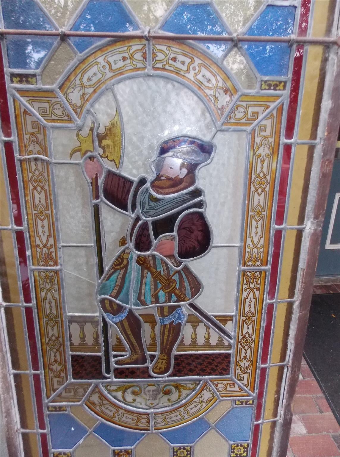 Mid-19th Century Pair of English Stained Glass Royalty Guard Panels, Circa 1840