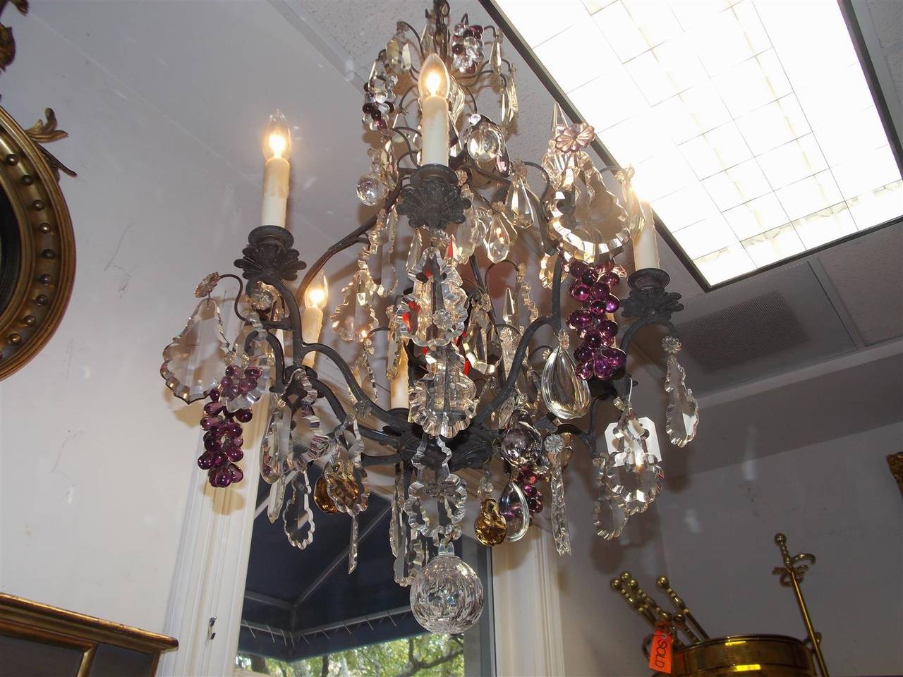 Cast French Bronze and Crystal Grape Cluster Chandelier, Circa 1830