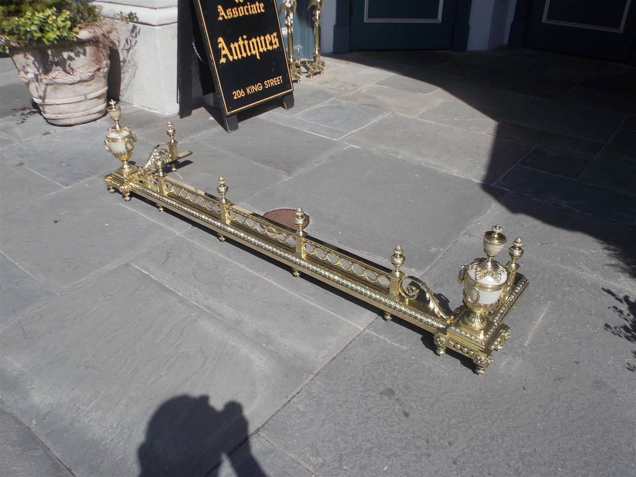 Louis Philippe French Brass and Flanking Onyx Urn Foliage Fire Fender, Circa 1830