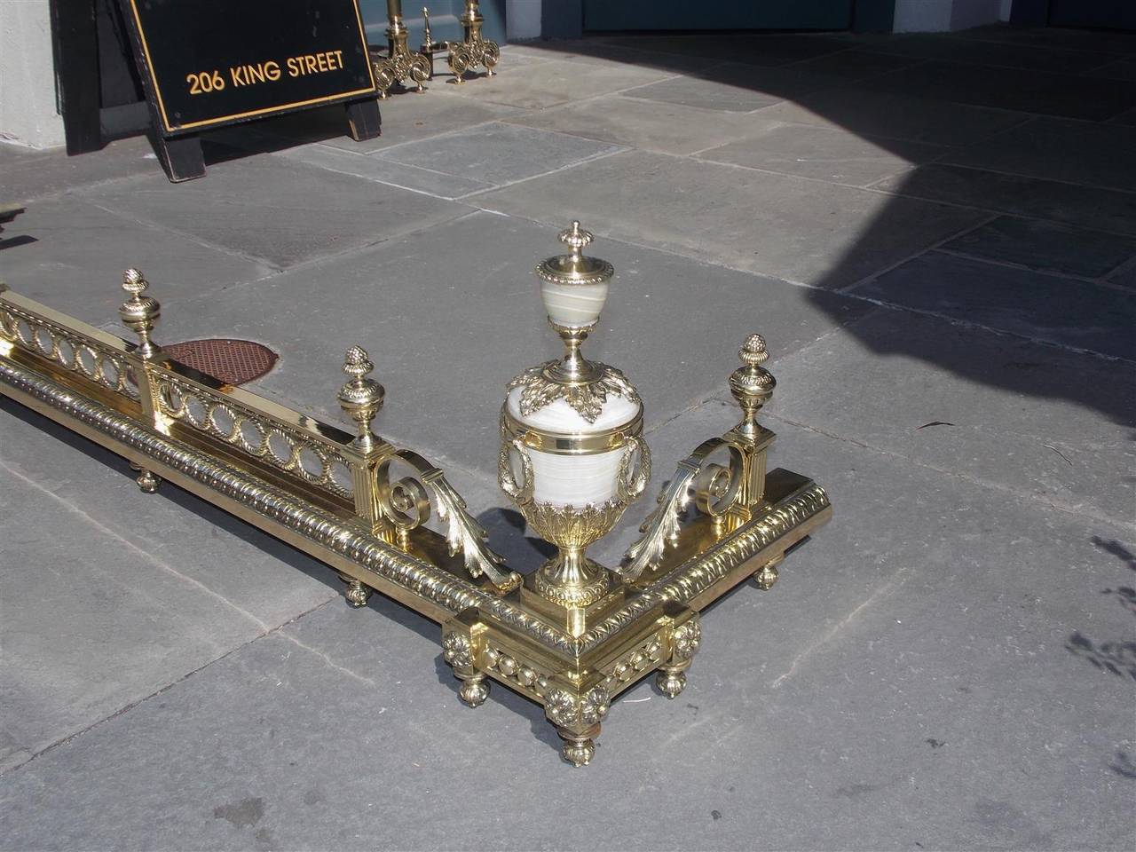 Mid-19th Century French Brass and Flanking Onyx Urn Foliage Fire Fender, Circa 1830