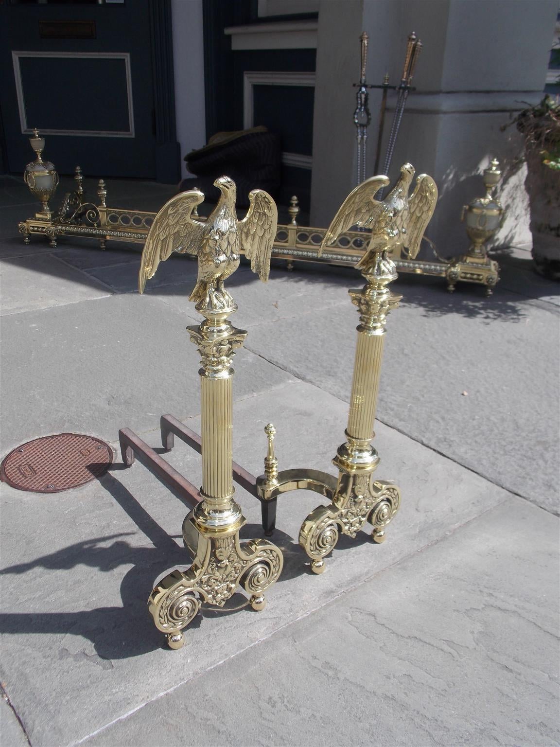 Late 19th Century Pair of American Brass Eagle Andirons, Signed NY, Circa 1880