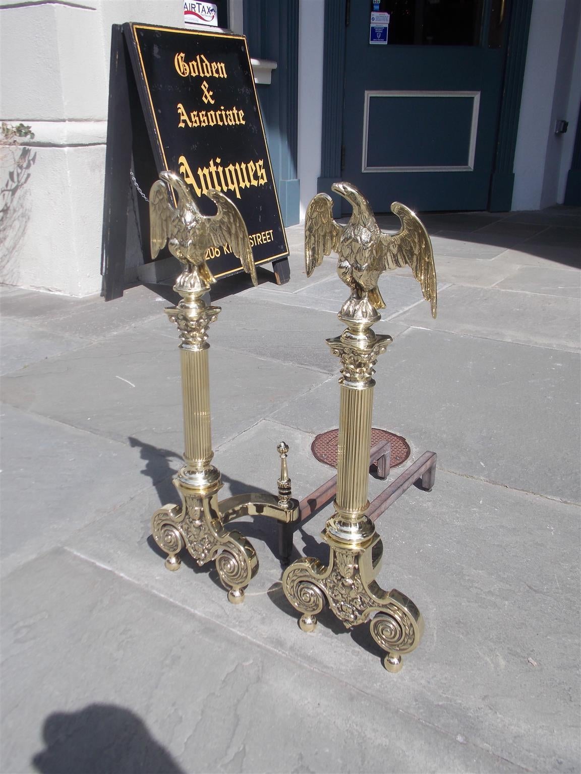 Pair of American Brass Eagle Andirons, Signed NY, Circa 1880 1
