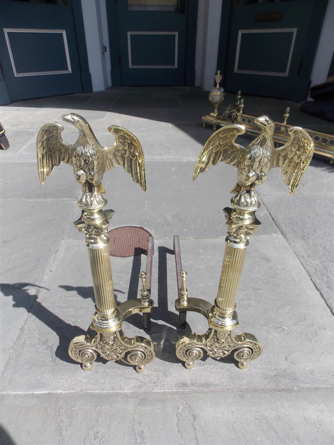 American Empire Pair of American Brass Eagle Andirons, Signed NY, Circa 1880