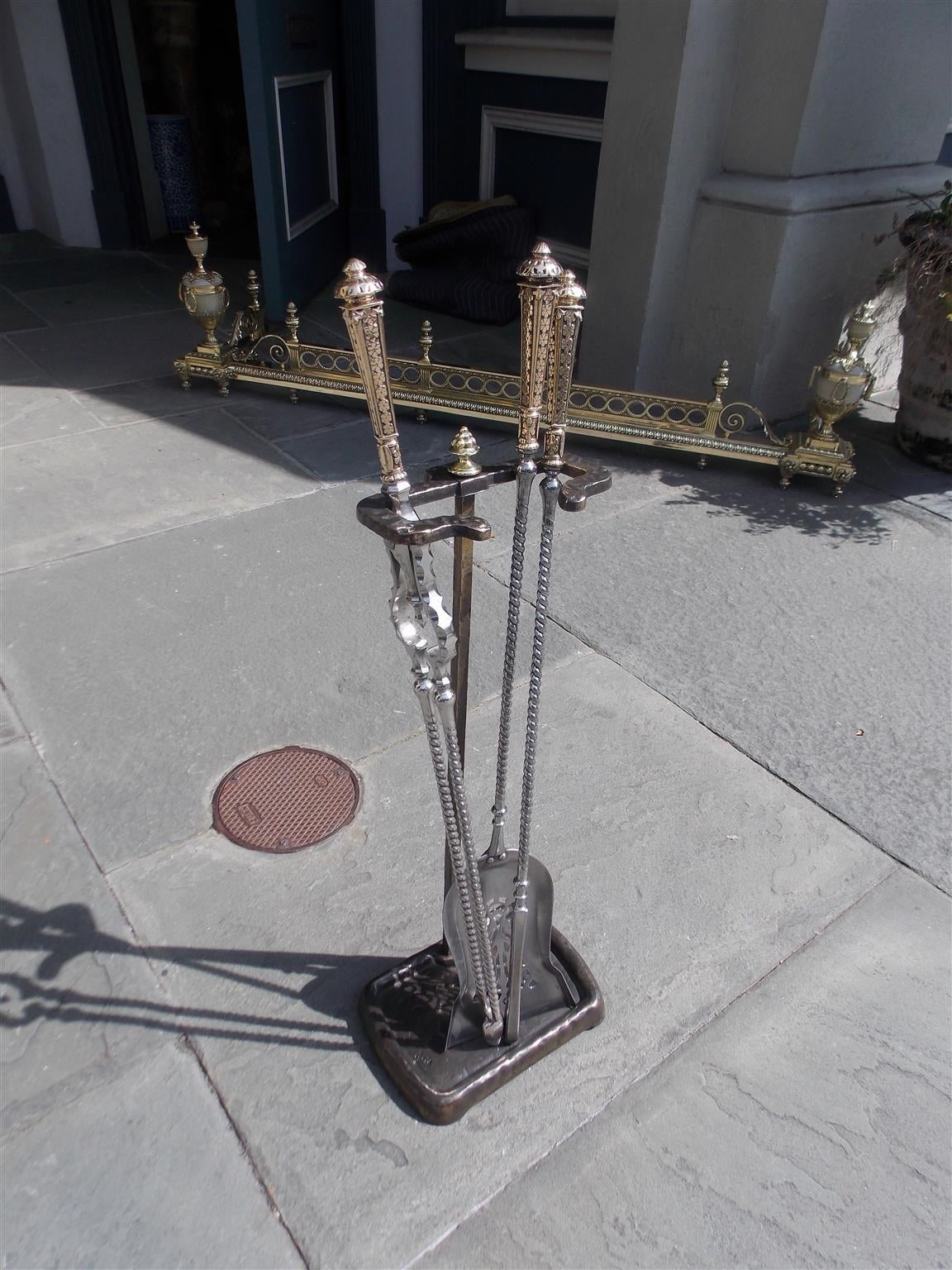 Neoclassical Revival Set of Irish Polished Steel and Brass Fire Tools on Stand, Circa 1850