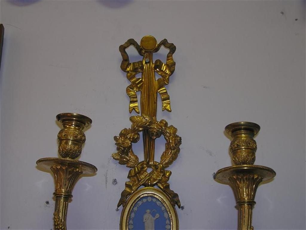 Louis XVI Pair of French Gilt Bronze and Figural Jasper Ware Two Arm Wall Sconces, C. 1790 For Sale