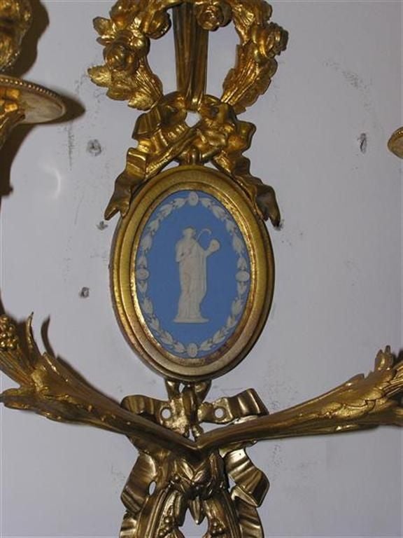 Late 18th Century Pair of French Gilt Bronze and Figural Jasper Ware Two Arm Wall Sconces, C. 1790 For Sale