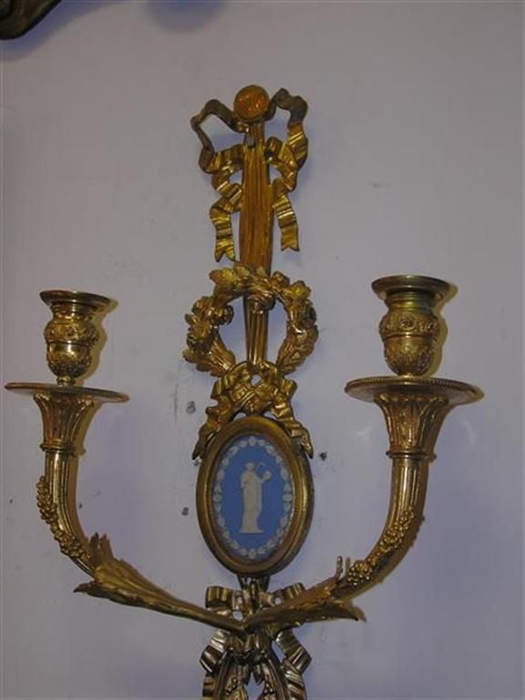 Pair of French Gilt Bronze and Figural Jasper Ware Two Arm Wall Sconces, C. 1790 For Sale 1