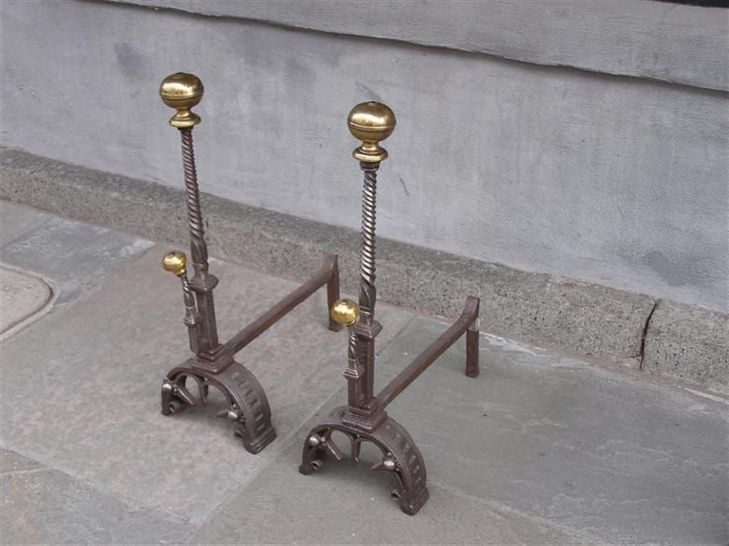 Pair of English Wrought Iron and Bronze Andirons