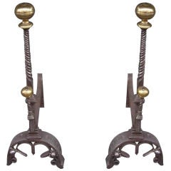 Pair of English Wrought Iron and Bronze Andirons