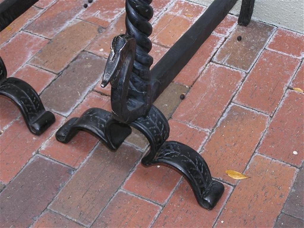 18th Century and Earlier Pair of American Wrought Iron and Bronze Andirons