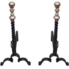 Pair of American Wrought Iron and Bronze Andirons