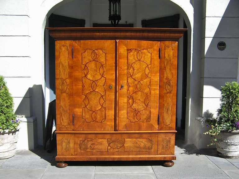 Fût Biedermeier autrichien en ronce de noyer et acajou avec corniche moulée sculptée, portes à charnières assorties aux livres, incrustations en bois de tulipe, incrustations en bois de satin, serrures et charnières originales gravées en acier,