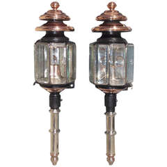 Antique Pair of Nickel Silver and Copper Coach Lanterns.  Signed J. Lemone Bruxelles, Belgium  Circa 1830