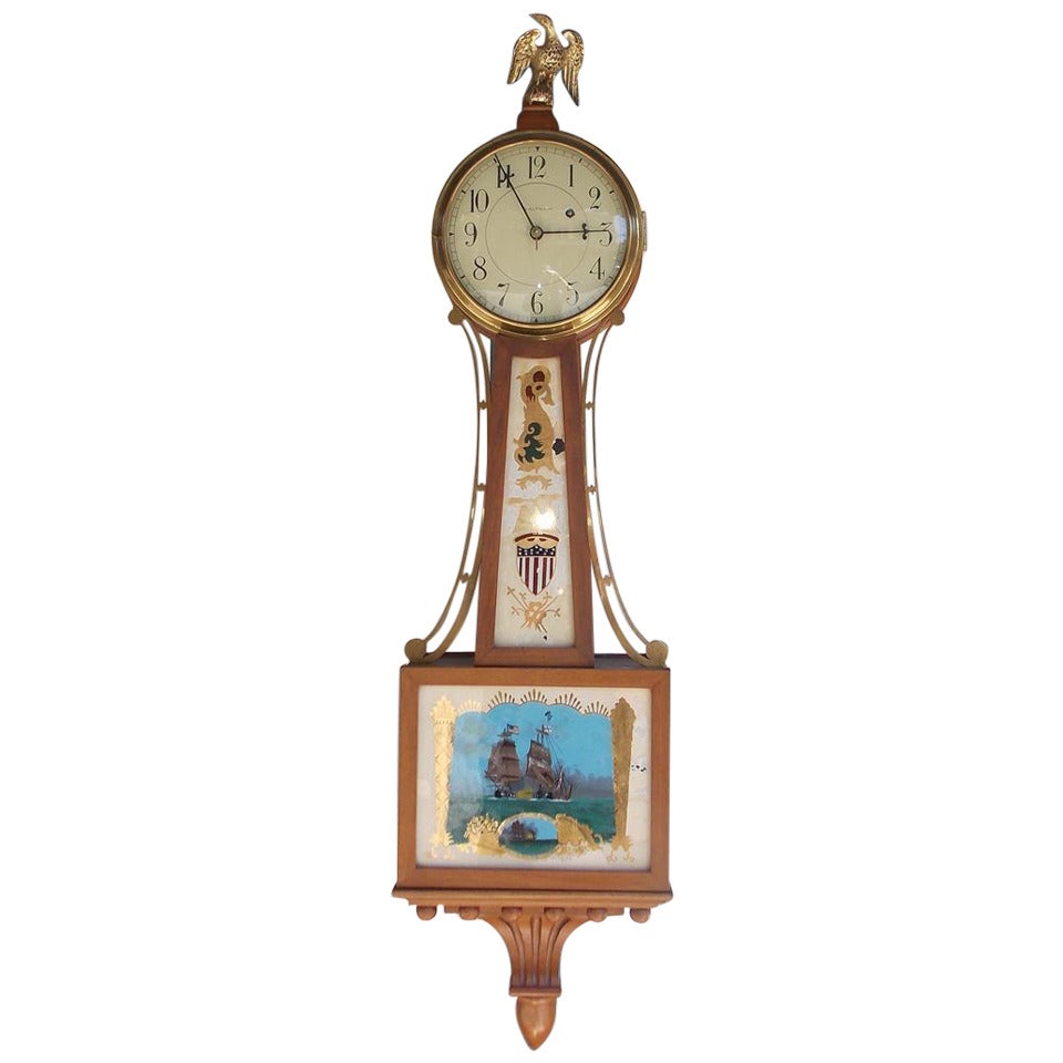 American Walnut Banjo Clock.Signed Waltham, Circa 1880