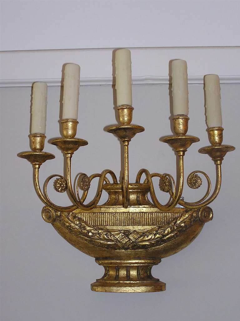 Pair of Italian Floral Gilt Urn Sconces, Circa 1830 In Excellent Condition For Sale In Hollywood, SC
