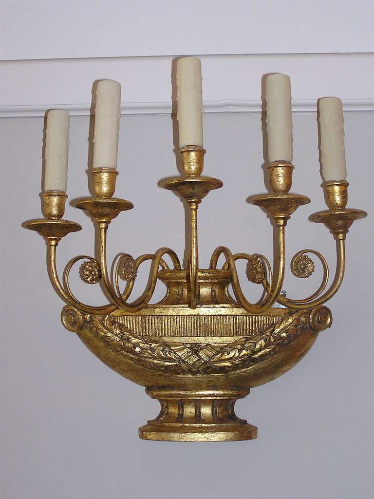 19th Century Pair of Italian Floral Gilt Urn Sconces, Circa 1830 For Sale