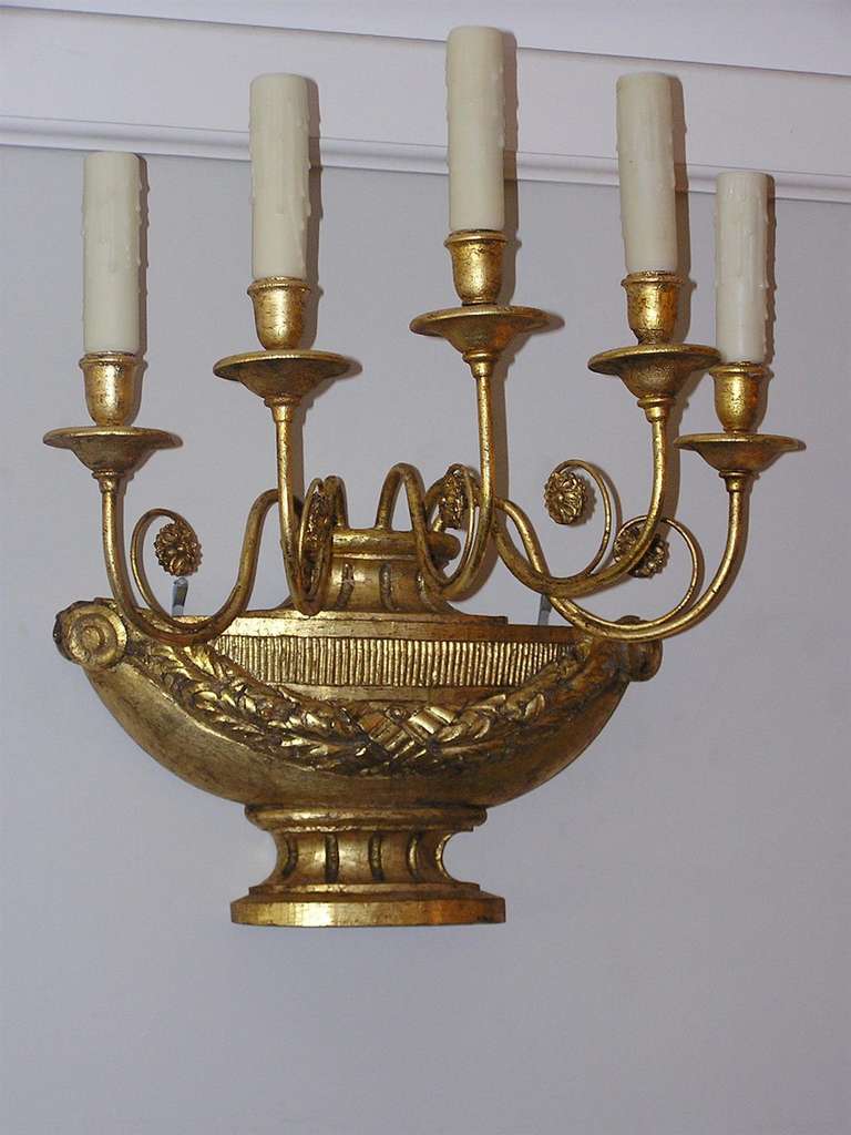 Pair of Italian Floral Gilt Urn Sconces, Circa 1830 For Sale 1